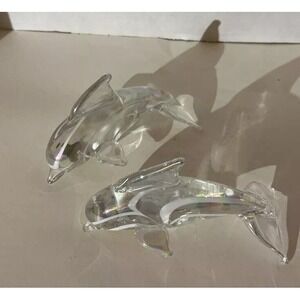 Dolphin hand blown glass  Irredecent   white swirls 4" Pele's Glass Hawaii Set 2